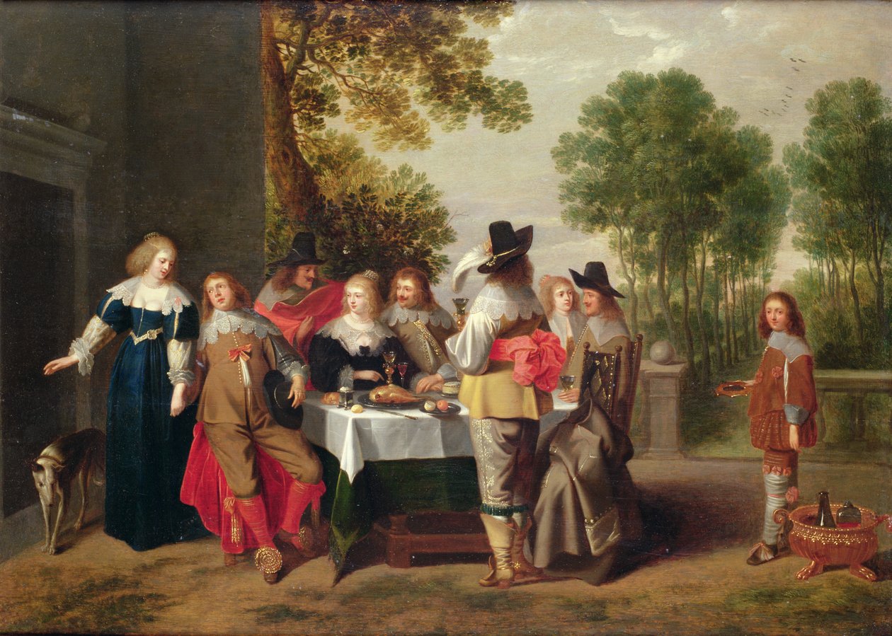 Eleganckie towarzystwo siedzące przy stole w eleganckim ogrodzie (olej na płycie olejnej) autorstwa Christoffel Jacobsz van der Lamen