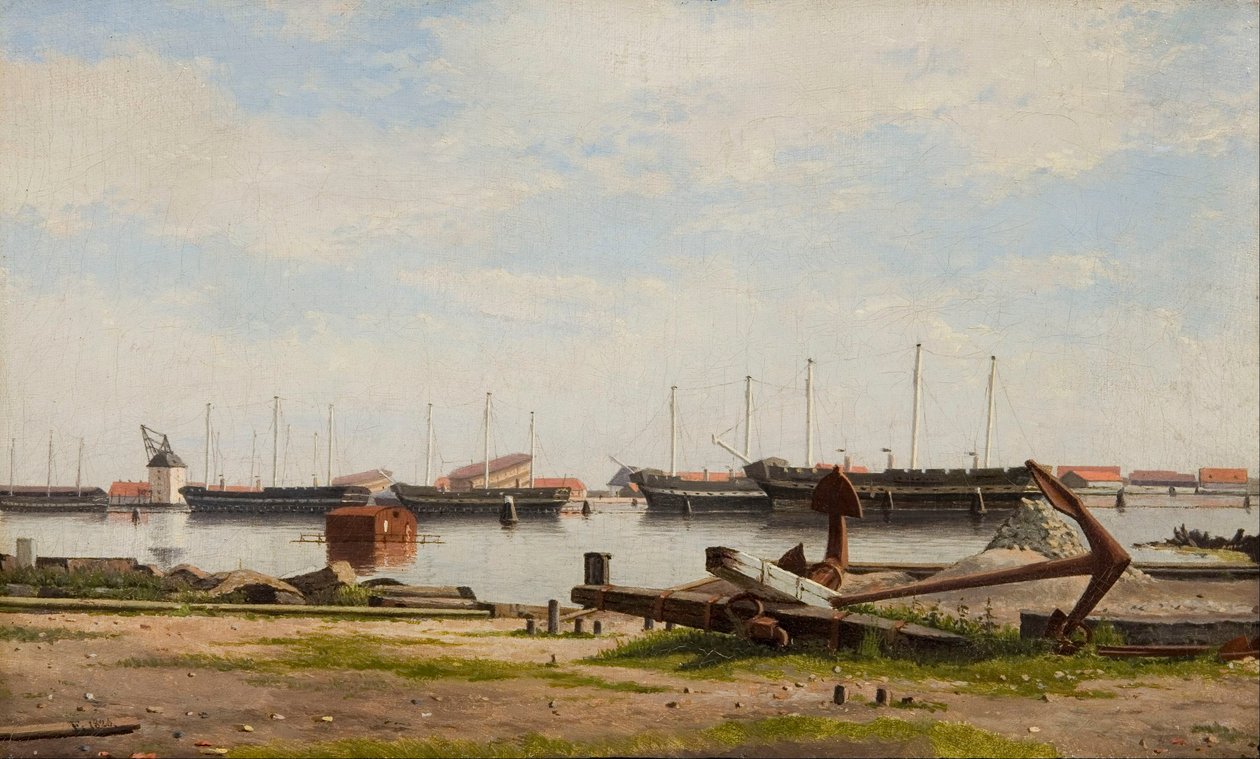 Widok na nabrzeże w Nyholm z dźwigiem i kilkoma okrętami wojennymi autorstwa Christoffer Wilhelm Eckersberg