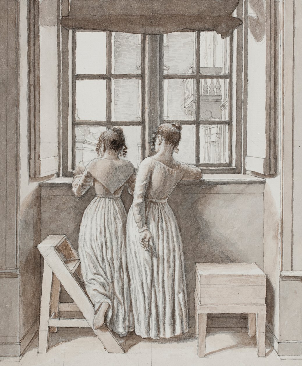 Pod oknem w pracowni artysty, 1852 (Pióro, szary tusz i brązowy ołówek, oprawiony w jasnoniebieską akwarelę) autorstwa Christoffer Wilhelm Eckersberg
