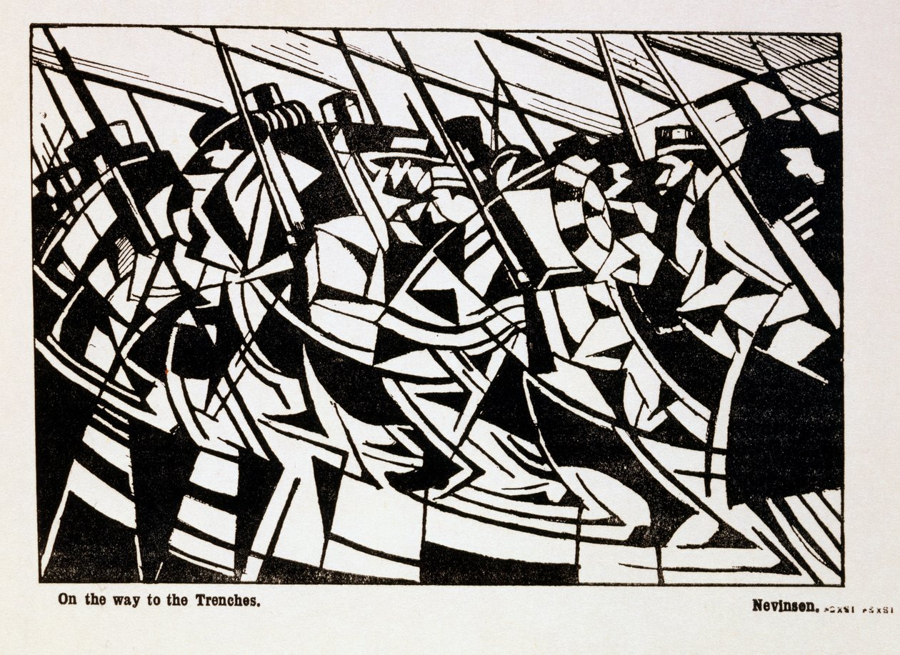 W drodze do okopów, ilustracja z magazynu "Blast", czerwiec 1914 r. autorstwa Christopher Richard Wynne Nevinson
