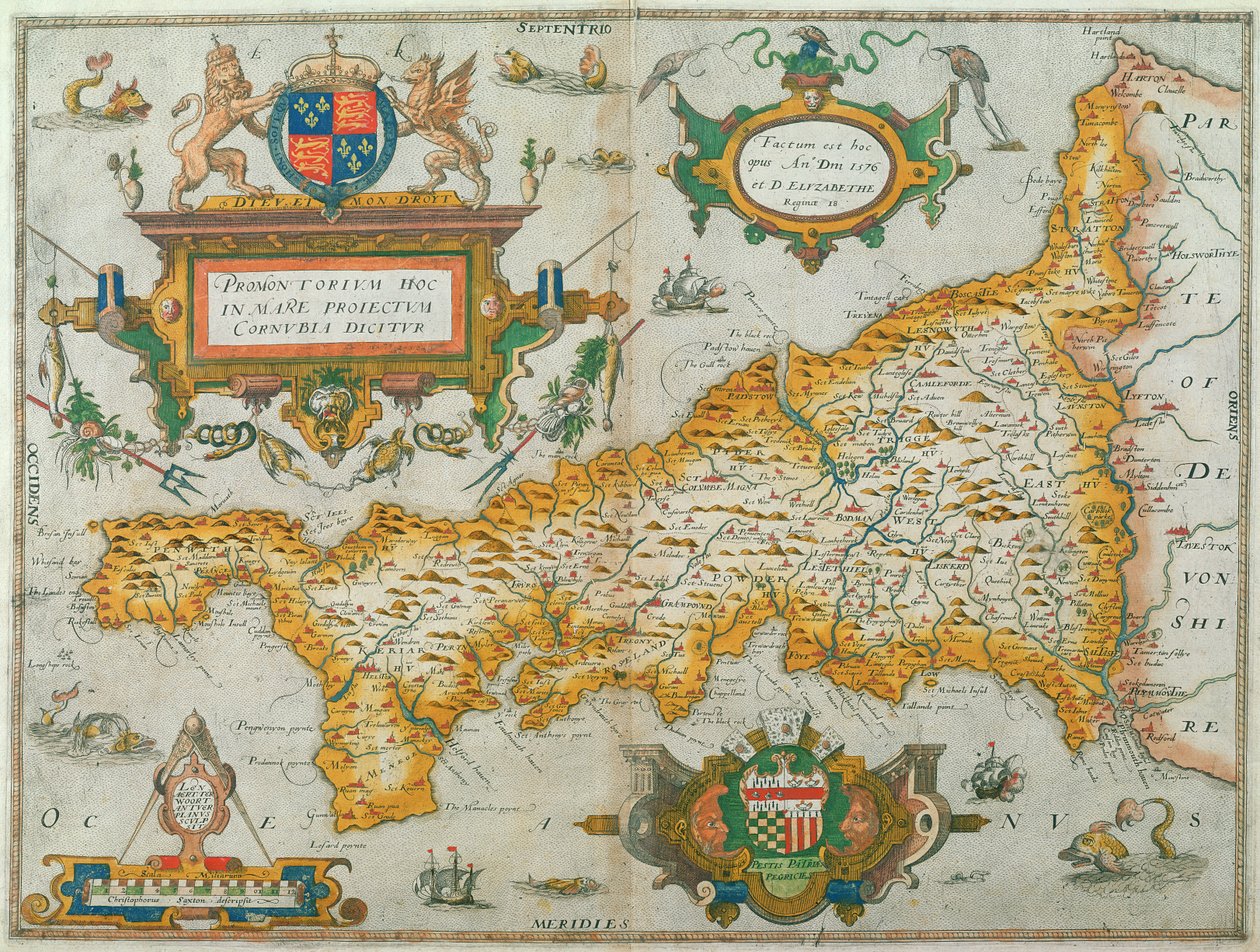 Mapa hrabstwa Kornwalii, 1579 (ręcznie kolorowane grawerowanie) autorstwa Christopher Saxton
