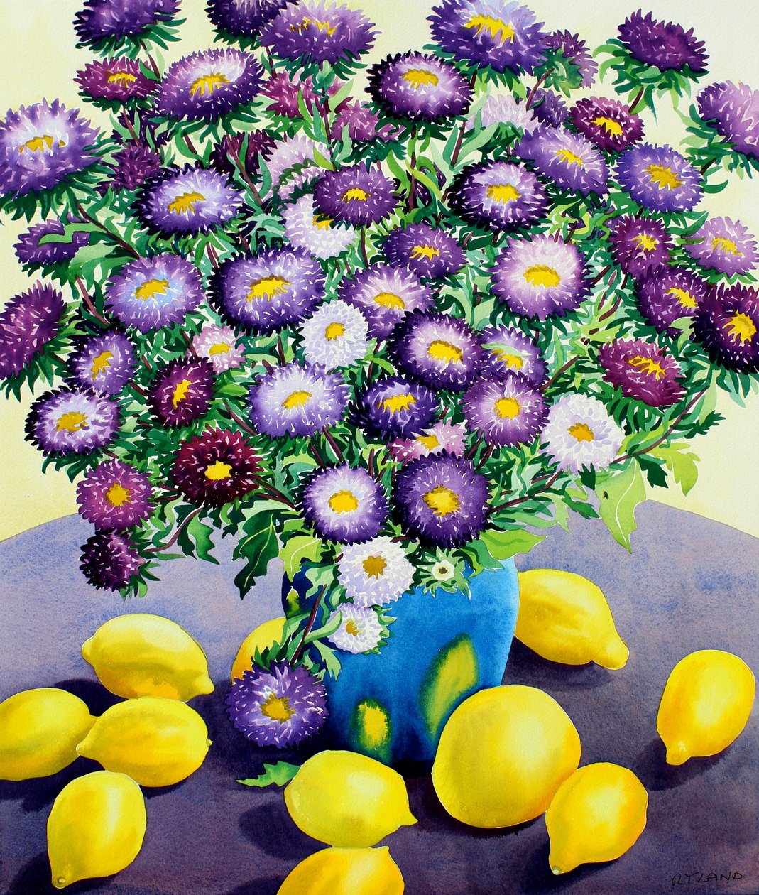 Fioletowe Astry i Cytryny (akwarela na papierze) autorstwa Christopher Ryland