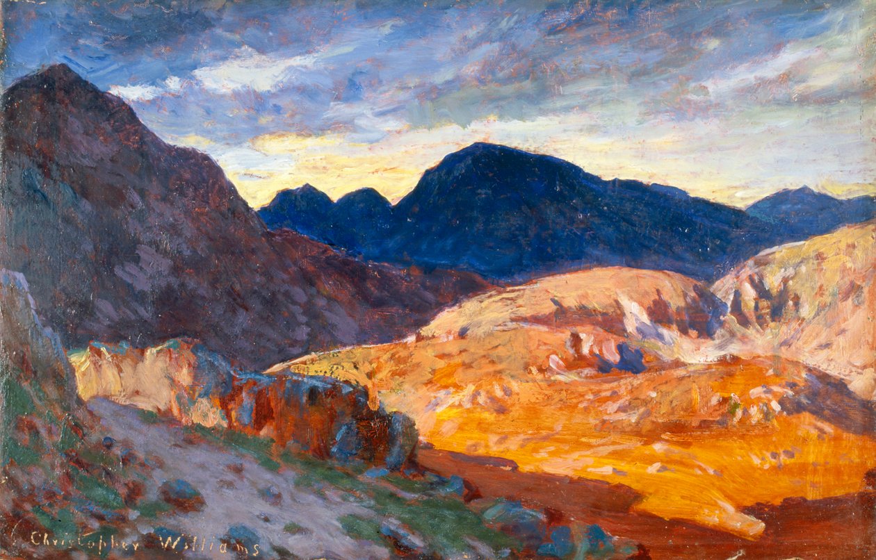 „Zachód słońca na walijskich wzgórzach”, 1893-1934 autorstwa Christopher Williams