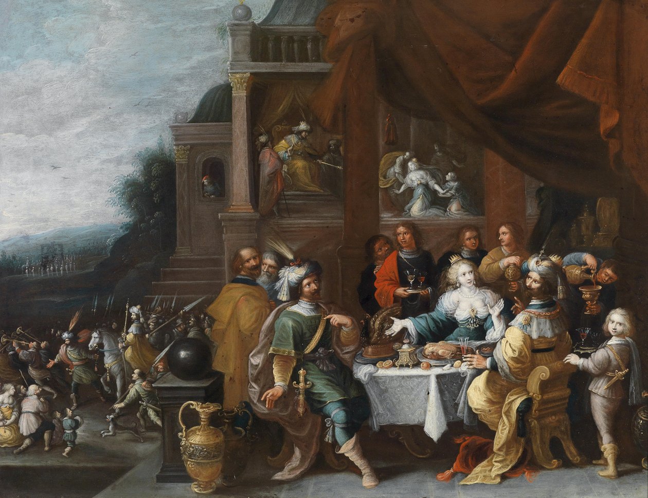 Ahasver i Haman na uczcie Estery autorstwa Circle of Frans Francken the Younger