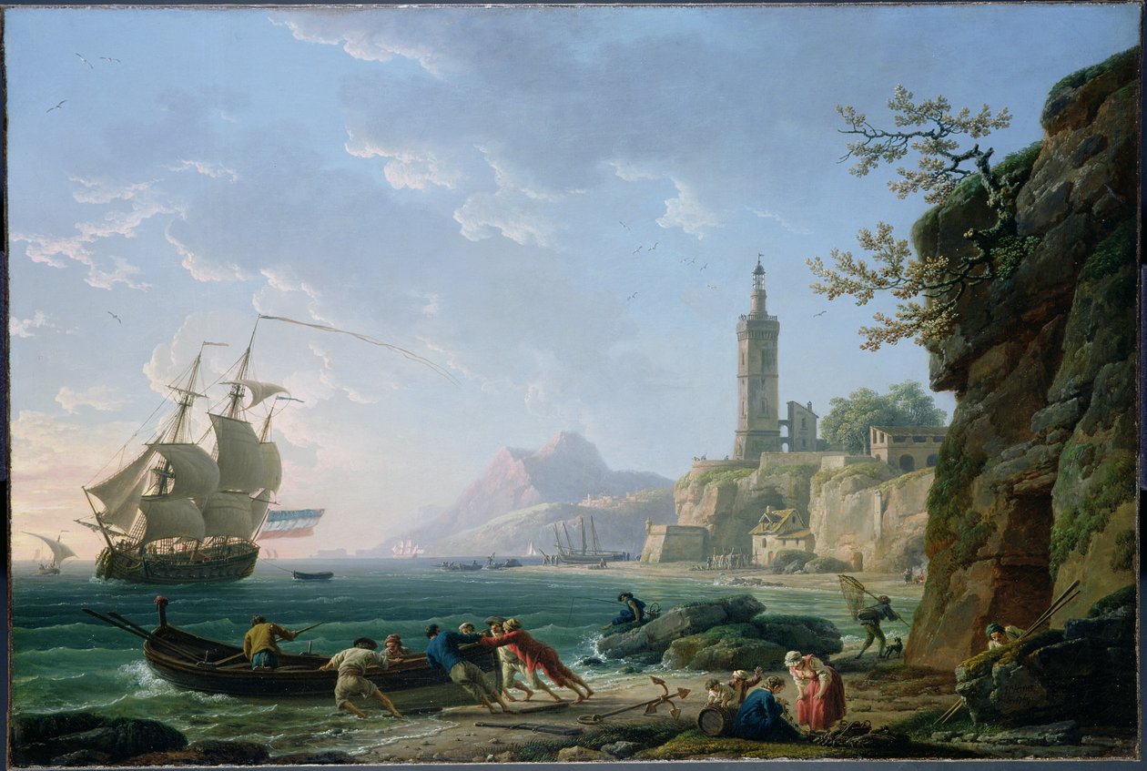 Claude-Joseph Vernet. Krajobraz wybrzeża Morza Śródziemnego. Holenderski statek handlowy w zatoce. autorstwa Claude Joseph Vernet