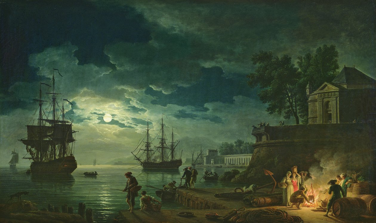 Noc: Port w świetle księżyca, 1748 autorstwa Claude Joseph Vernet