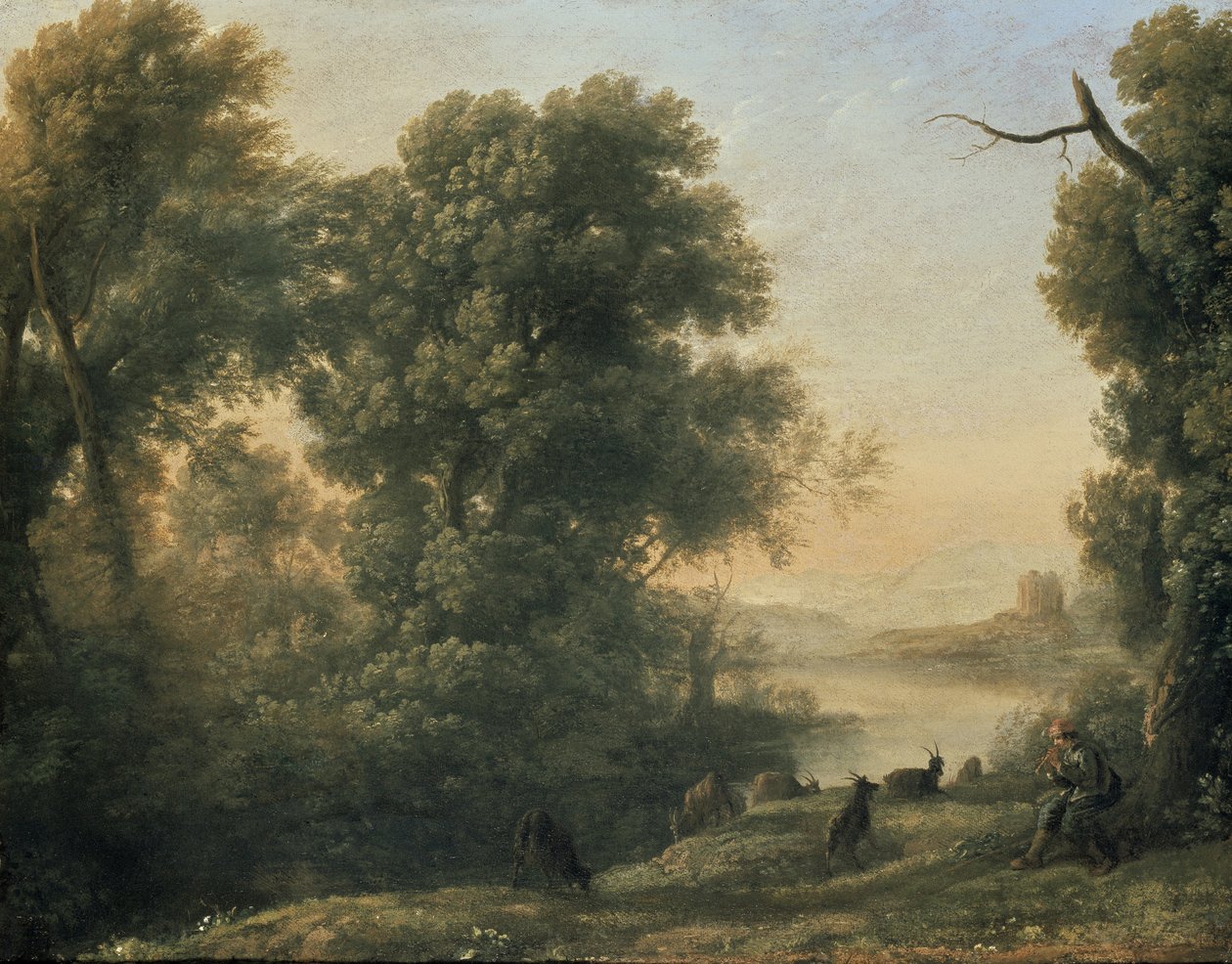 Pejzaż rzeczny z pióropuszem kozła, XVII w. autorstwa Claude Lorrain