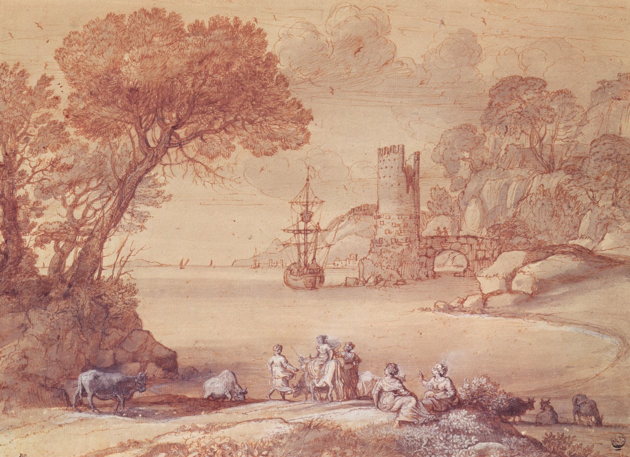 Gwałt Europy, 1655 (pióro, atrament i pranie) autorstwa Claude Lorrain