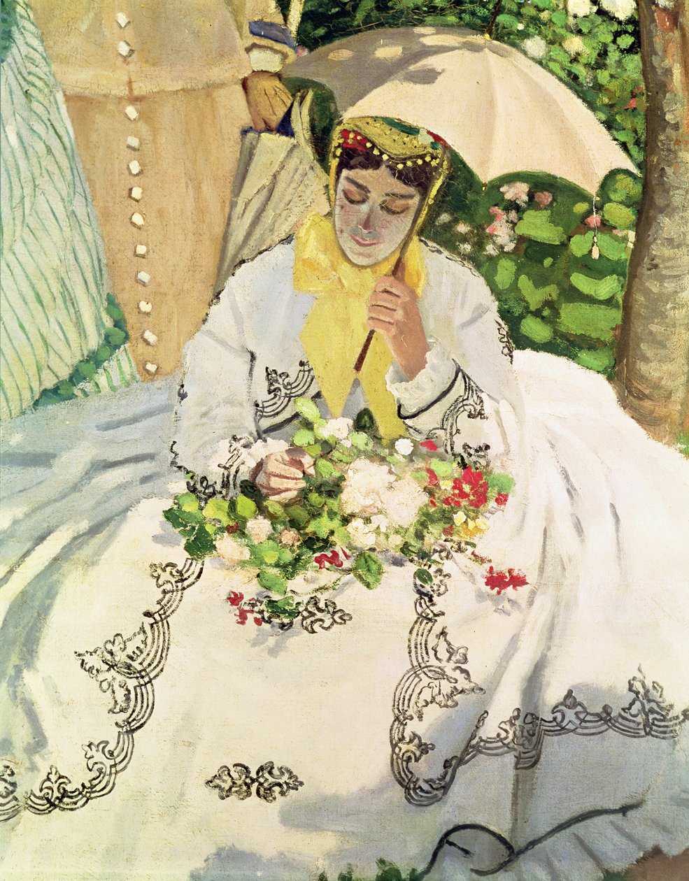 Femmes au jardin szczegół siedzącej młodej kobiety niosącej parasol, ok. 1866 olej na płótnie autorstwa Claude Monet