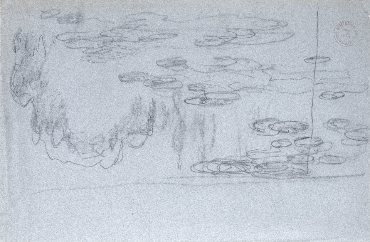 Lilie wodne, ok. 1918 (czarna kredka na papierze niebiesko-kredkowym) autorstwa Claude Monet