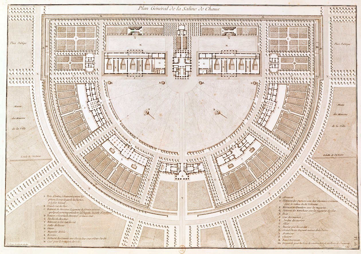 Ogólny plan warzelni soli w „idealnym mieście” Chaux, ryty przez Louisa Selliera (ur. 1757) autorstwa Claude Nicolas Ledoux