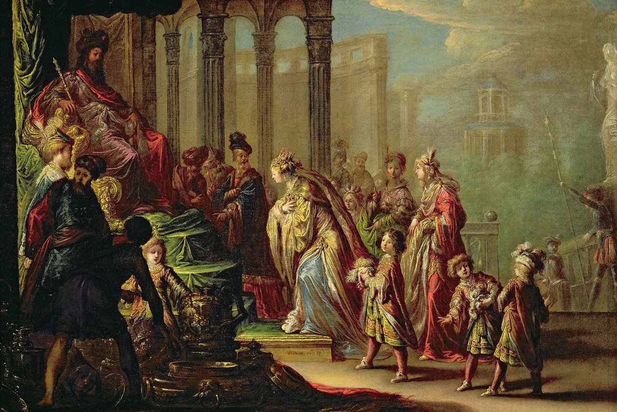 Salomon i królowa Saby, czyli Estera przed Aswerusem, 1624 autorstwa Claude Vignon