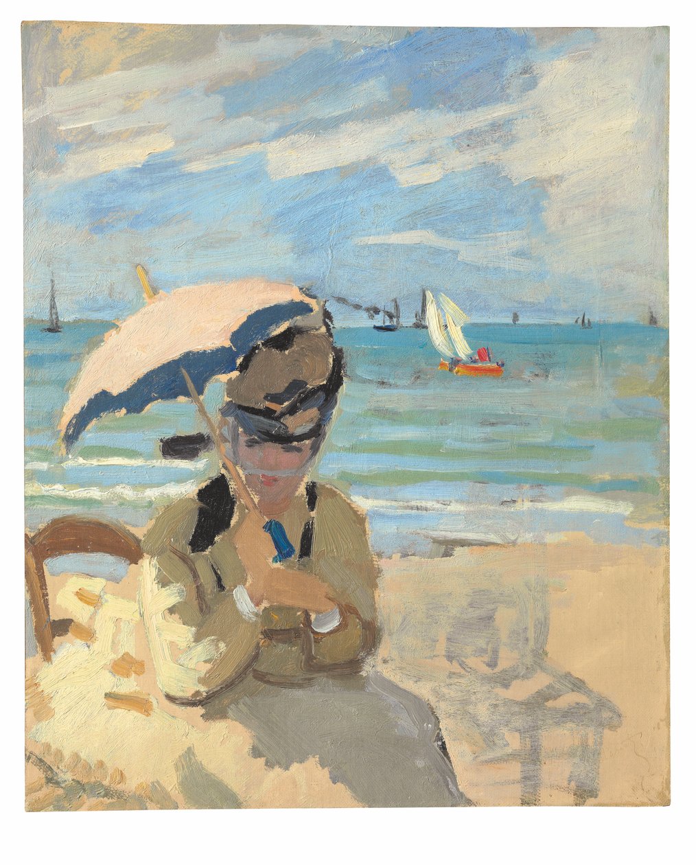 Camille siedząca na plaży w Trouville autorstwa Claude Monet
