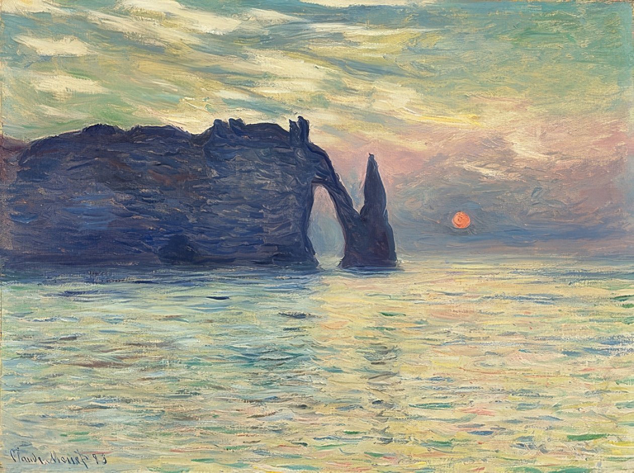Skały, Etretat, zachód słońca. 1882-83 autorstwa Claude Monet
