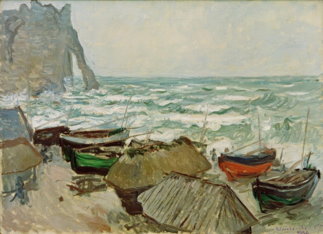 Łodzie rybackie na plaży w Etretat autorstwa Claude Monet