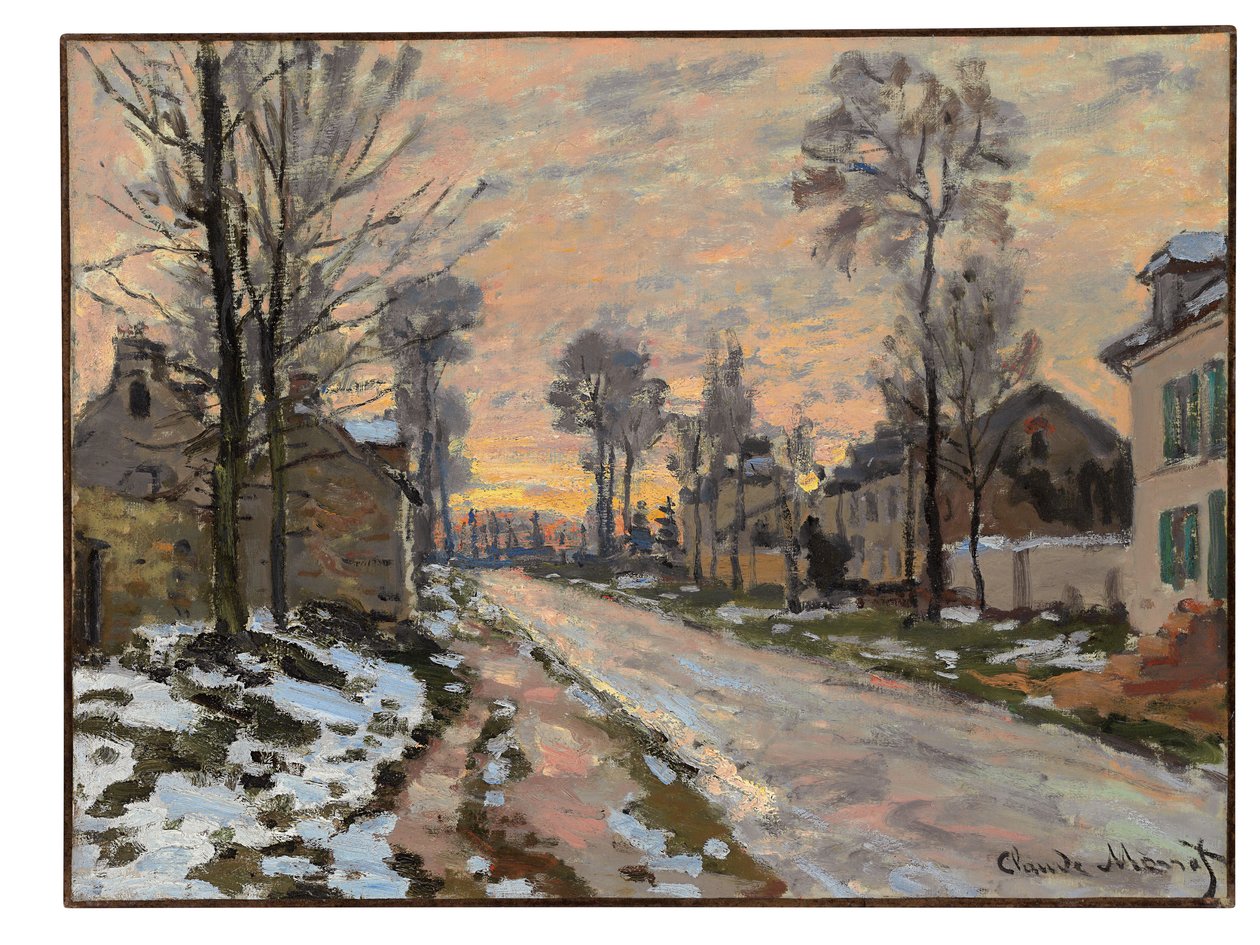 Droga do Louveciennes, topniejący śnieg, zachodzące słońce, ok. 1869-70 autorstwa Claude Monet