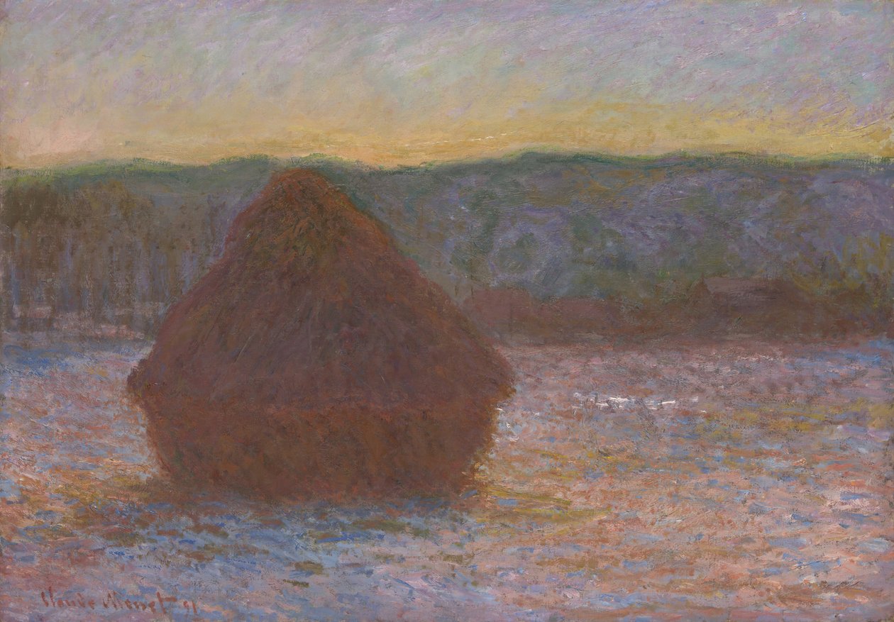 Stos odwilży pszenicy, zachód słońca, 189091. autorstwa Claude Monet