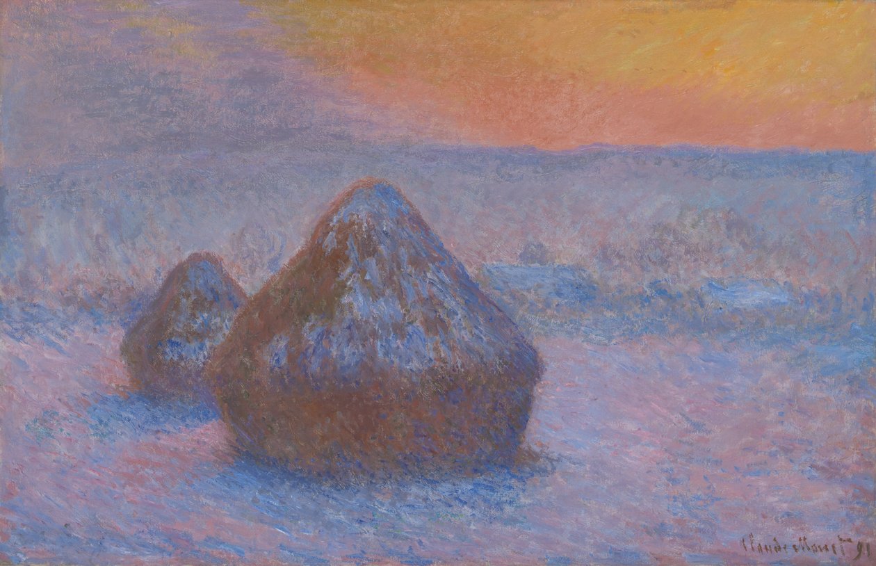 Stosy pszenicy (zachód słońca, efekt śniegu) autorstwa Claude Monet