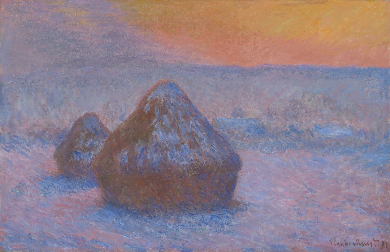 Stosy pszenicy Zachód słońca, efekt śniegu, 189091. autorstwa Claude Monet