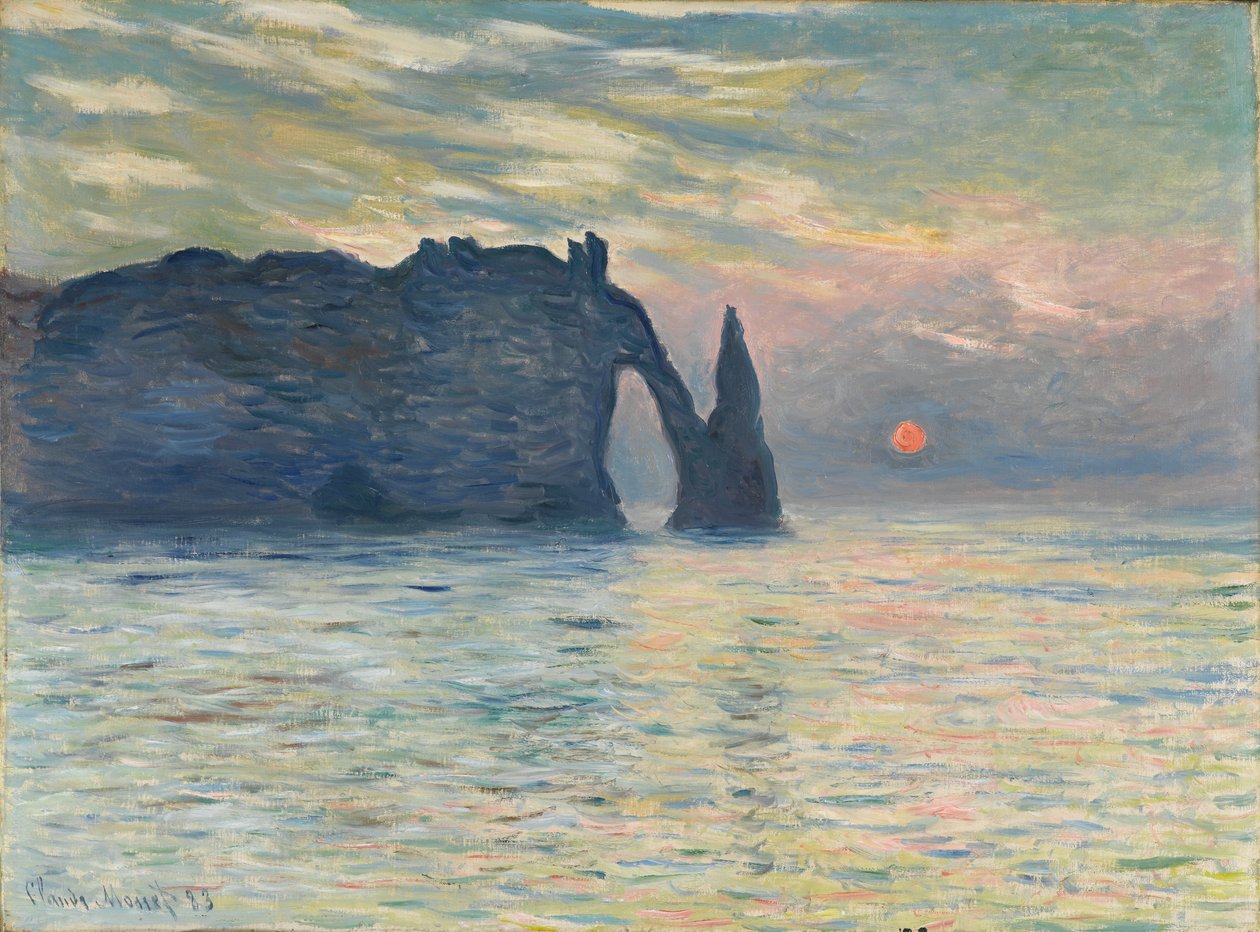 Klif, Étretat, zachód słońca, 1882-1883 autorstwa Claude Monet