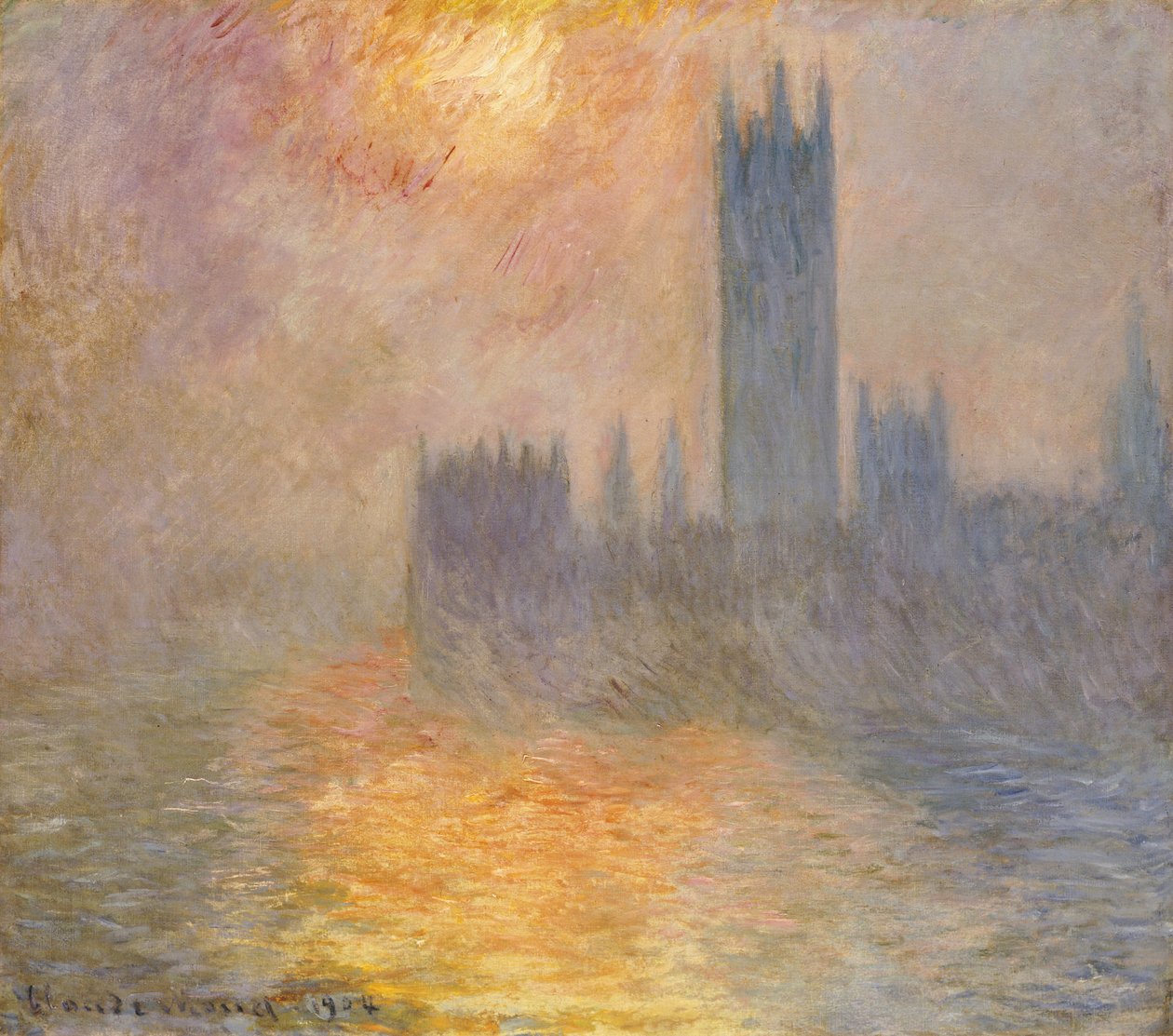 Domy Parlamentu, zachód słońca, 1904 autorstwa Claude Monet