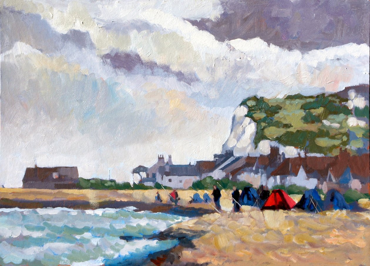 Wędkowanie w Kingsdown White Cliffs, 2010 (akryl na pokładzie) autorstwa Clive Metcalfe