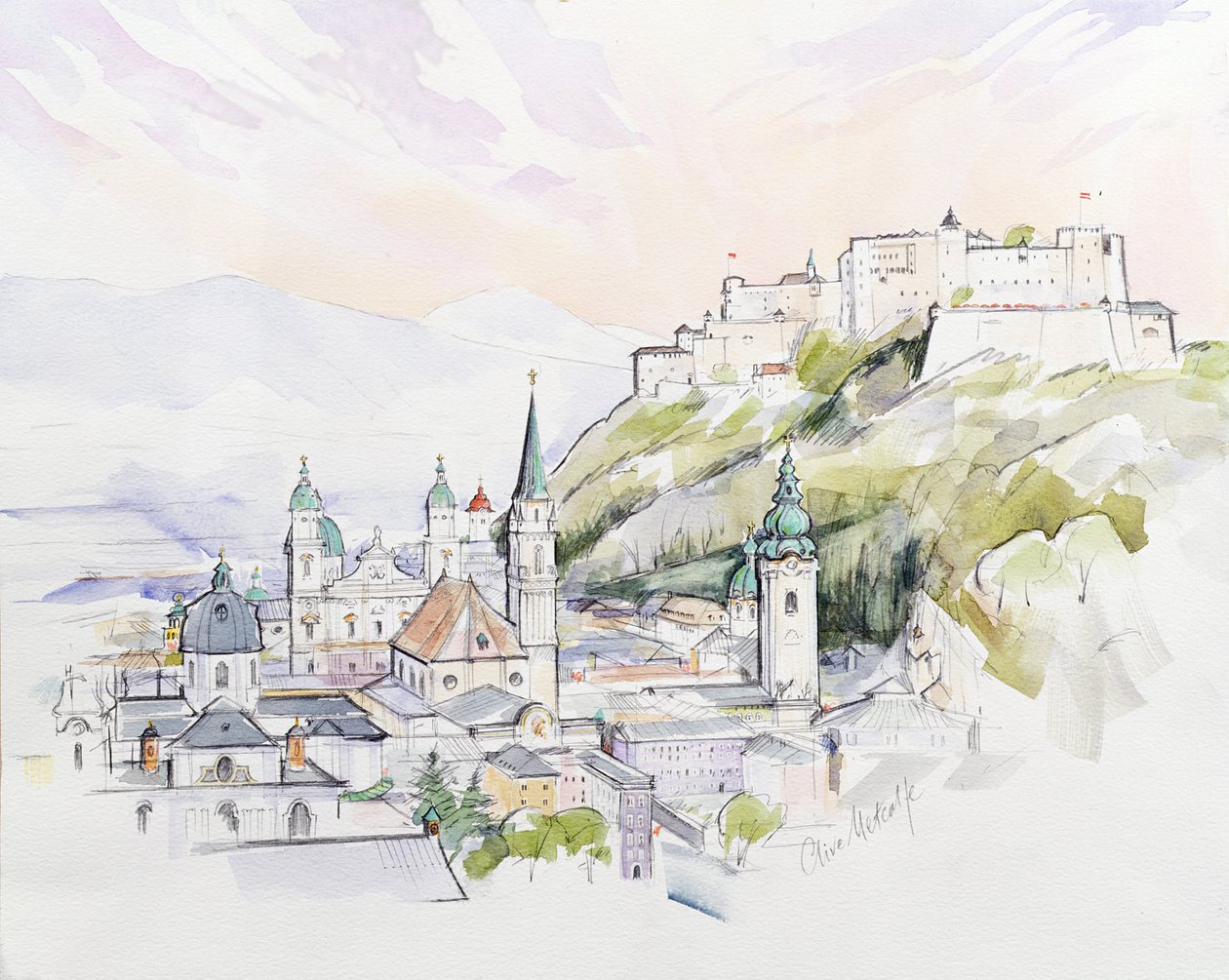 Salzburg Sunrise (wc na papierze) autorstwa Clive Metcalfe