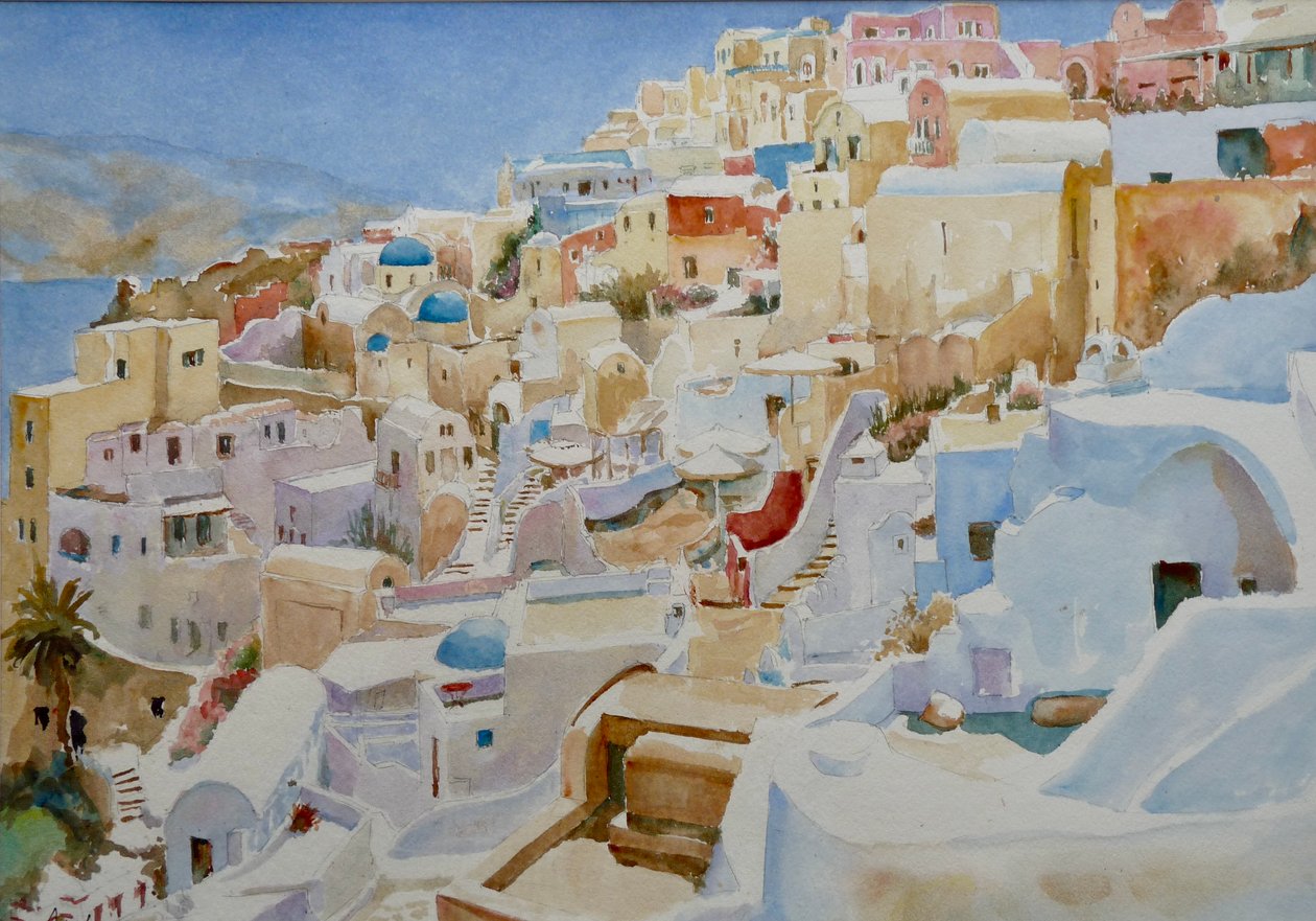 Santorini, Oia, 2019 (akwarela) autorstwa Clive Wilson