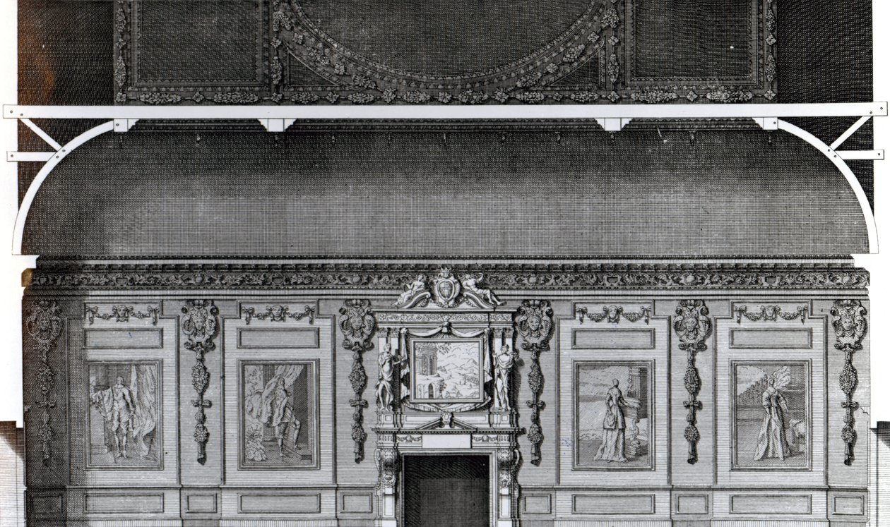 Sekcja Wielkiej Jadalni w Wilton, według projektu Inigo Jonesa, rytowana przez H. Hulsbergha, opublikowana w „Vitruvius Britannicus”, 1717 autorstwa Colen Campbell