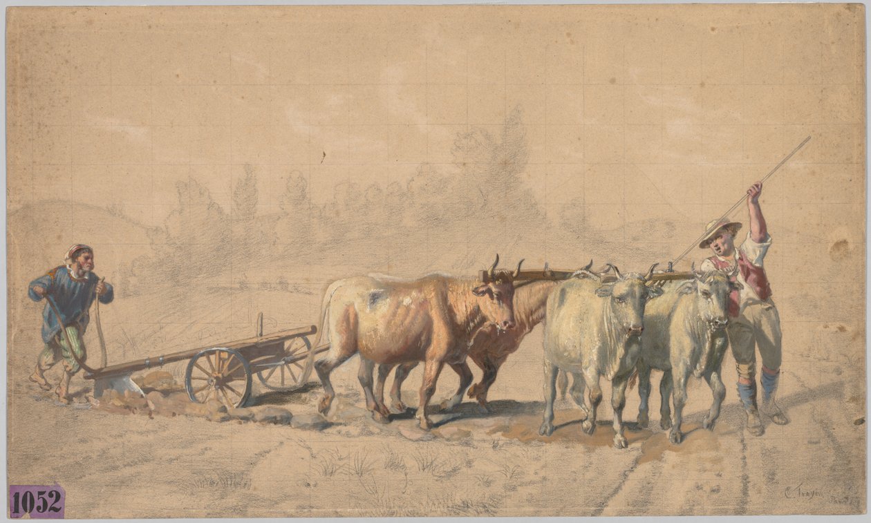 Cztery woły ciągnące pług, 1853. autorstwa Constant Troyon