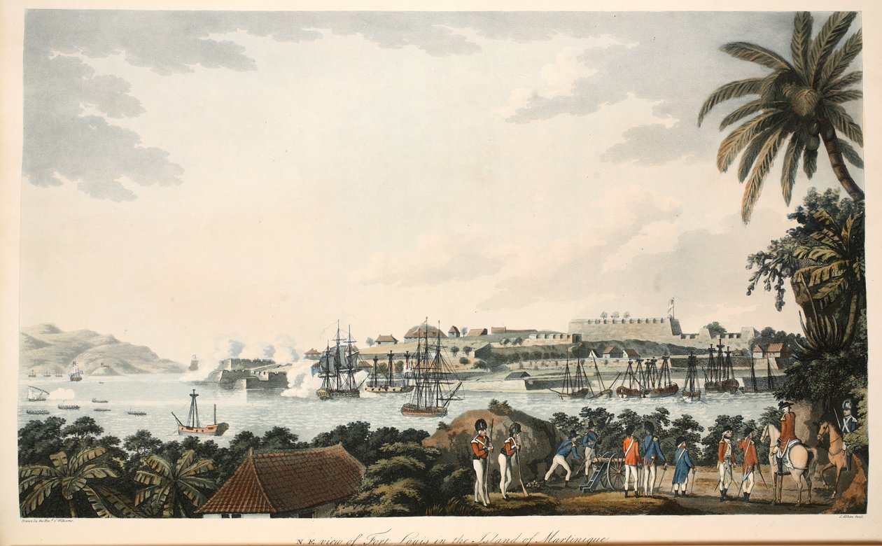 Widok na północny wschód na Fort Louis na Martynice, ilustracja z "An Account of the Campaign in the West Indies" autorstwa Rev. Cooper Willyams, litografia S. Alken, pub. London 1796 autorstwa Cooper Willyams