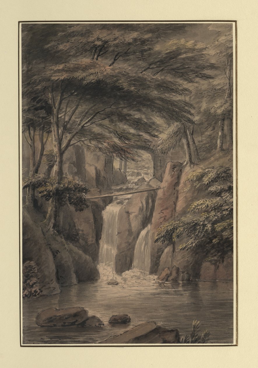 Kaskada u Sir Michaela Fleminga, 1780 (wc, tusz i ołówek na papierze) autorstwa Copplestone Warre Bamfylde