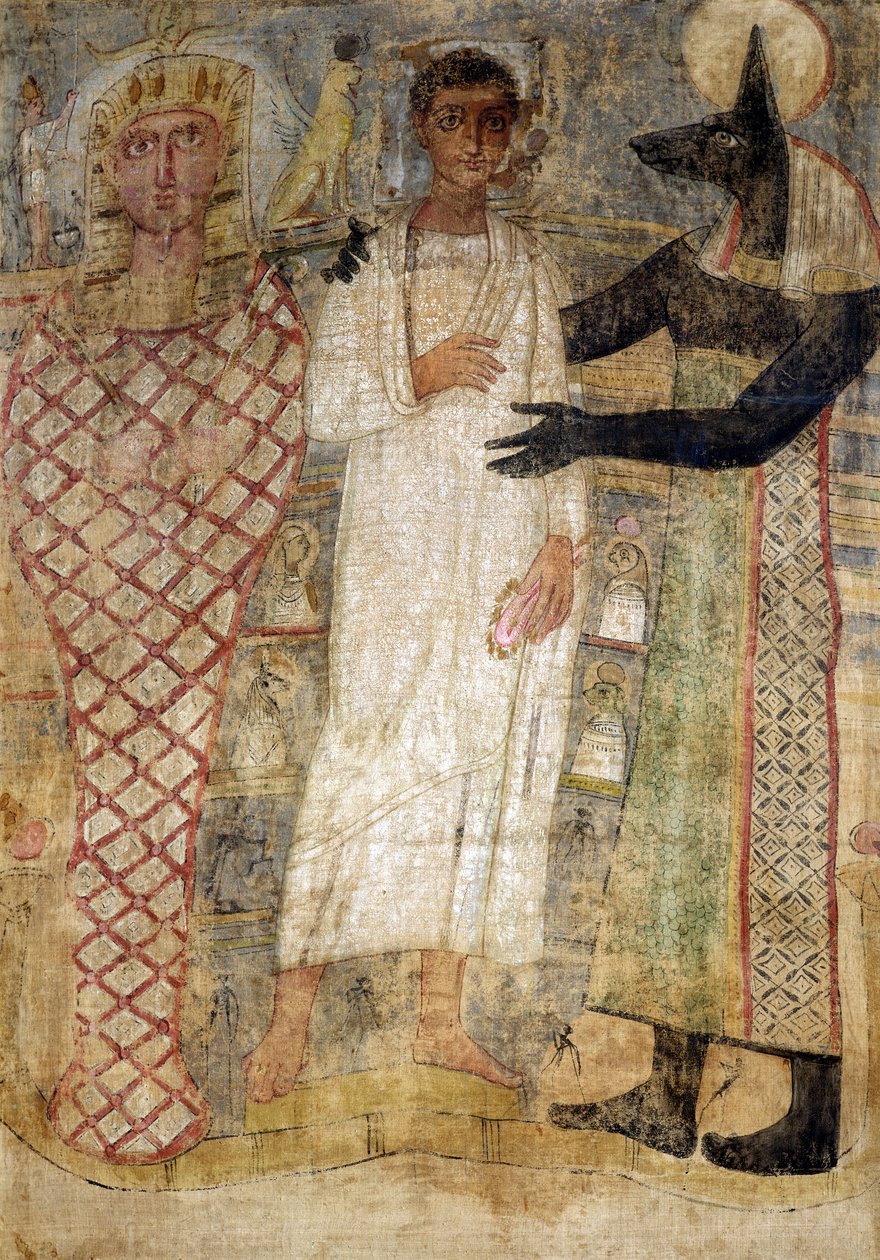 Zmarły i jego mumia pod opieką Anubisa (wosk enkaustyczny na płótnie) autorstwa Coptic