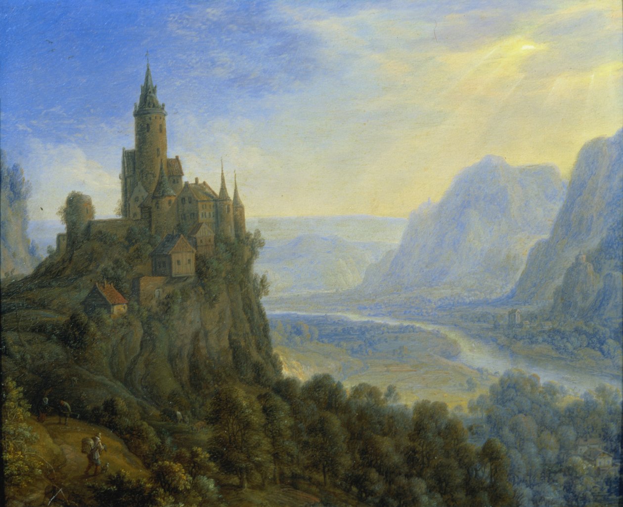 Krajobraz górski z zamkiem autorstwa Cornelis Saftleven