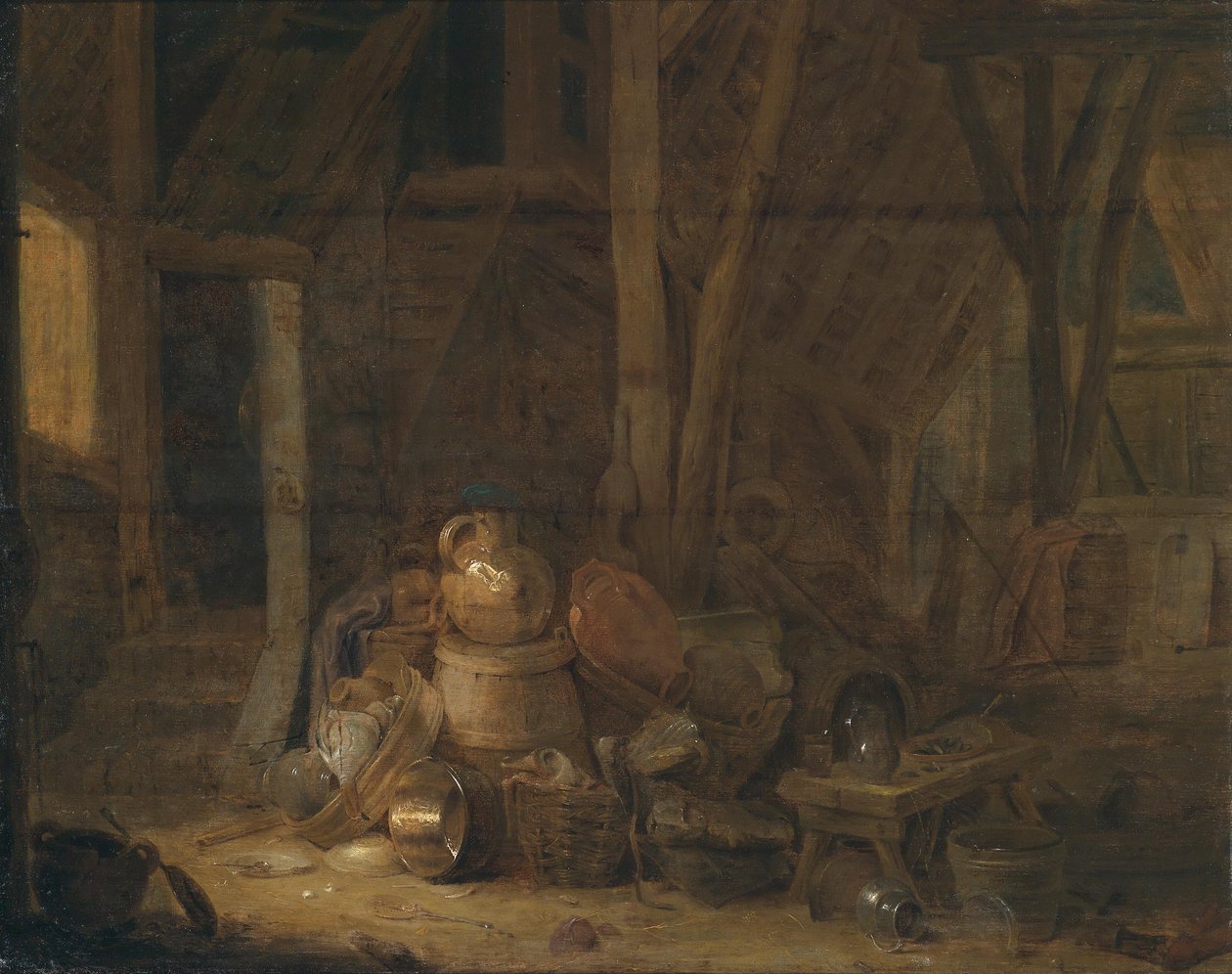 Wnętrze stodoły, z monogramem i datą po lewej stronie. autorstwa Cornelis Saftleven