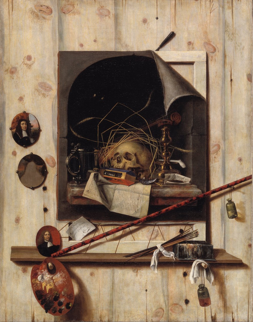 Trompe loeil ze ścianą studyjną i martwą naturą Vanitas autorstwa Cornelis Norbertus Gijsbrechts