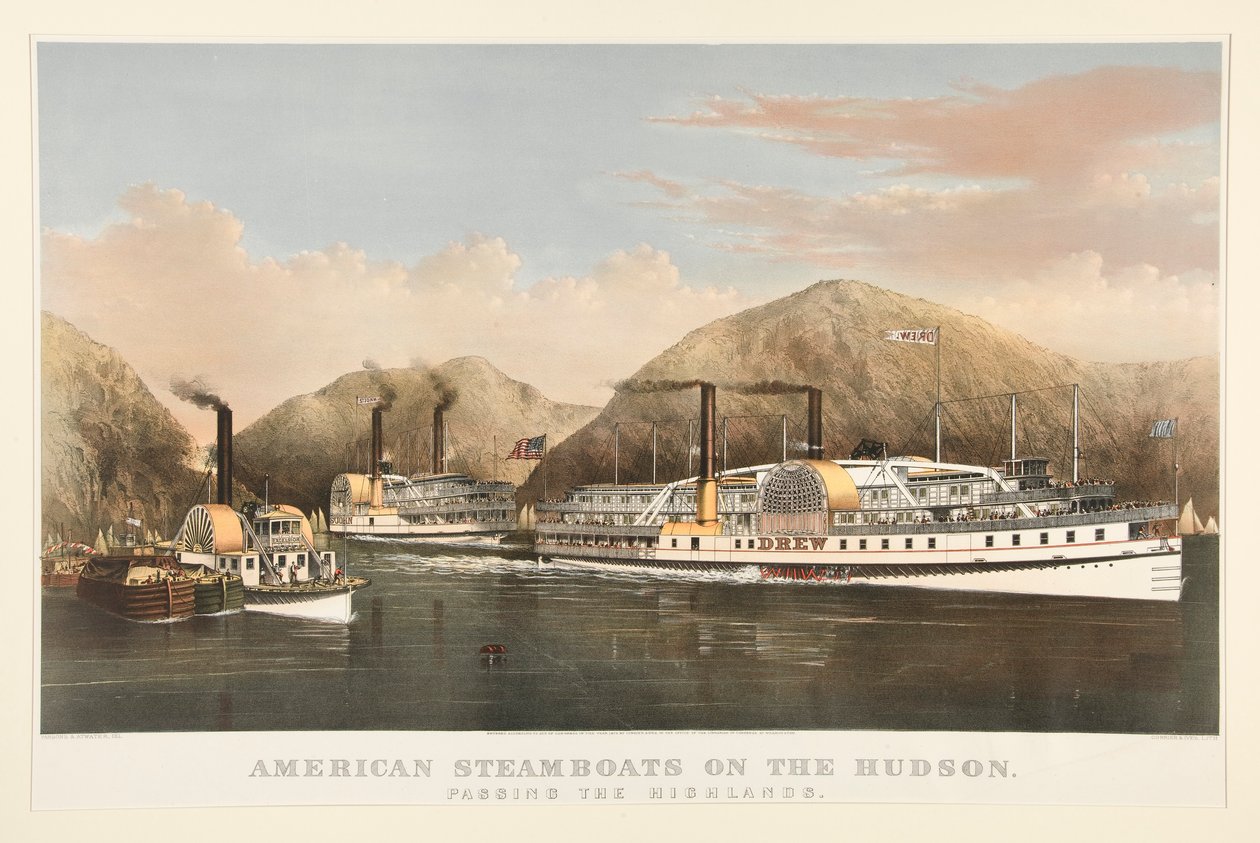 Amerykańskie parowce na rzece Hudson autorstwa Currier and Ives