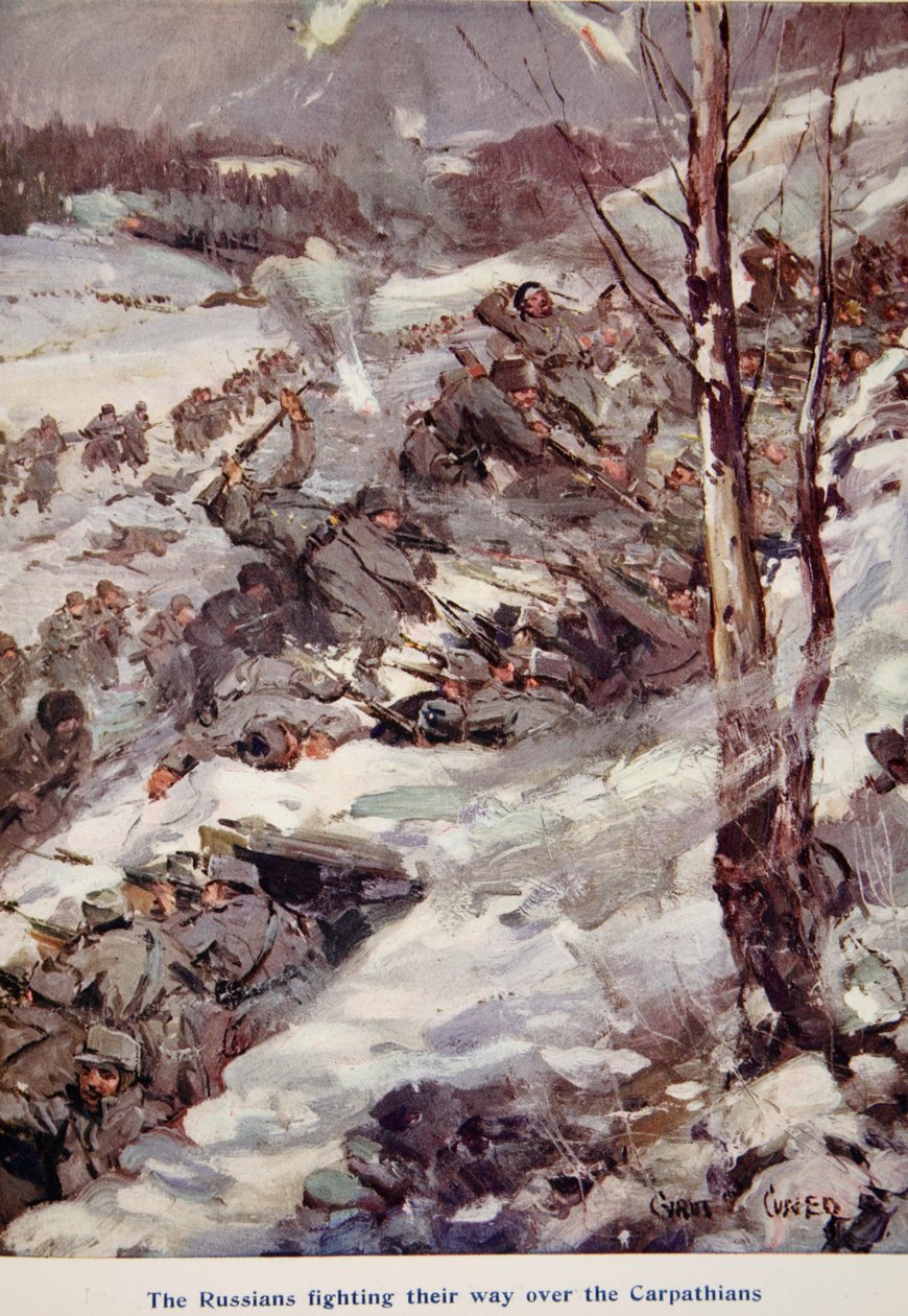 „Rosjanie przedzierają się przez Karpaty”, ilustracja z „Opowiedziane w chatach: Księga podarunkowa YMCA”, wydanej w 1916 r. autorstwa Cyrus Cuneo