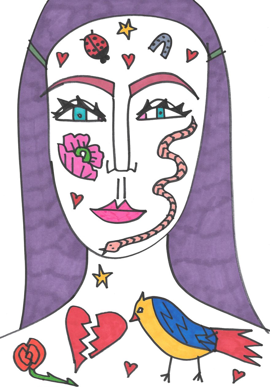 Tatuaż twarzy (flamaster na papierze) autorstwa Daisy de Villeneuve