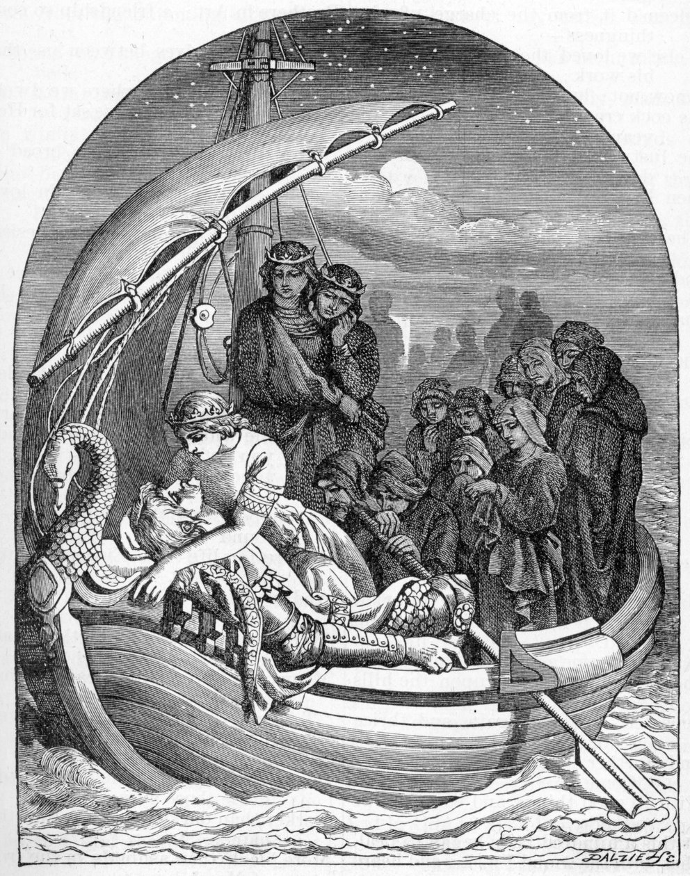 Umierający król Artur zostaje przewieziony do Avalonu na magicznym statku z trzema królowymi, 1901 autorstwa Dalziel Brothers