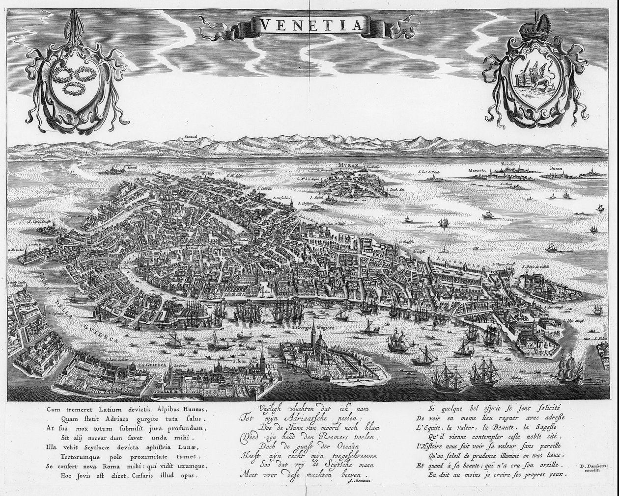 Mapa Wenecji z trzema tekstami w języku łacińskim, niderlandzkim i francuskim autorstwa Dancker Danckerts