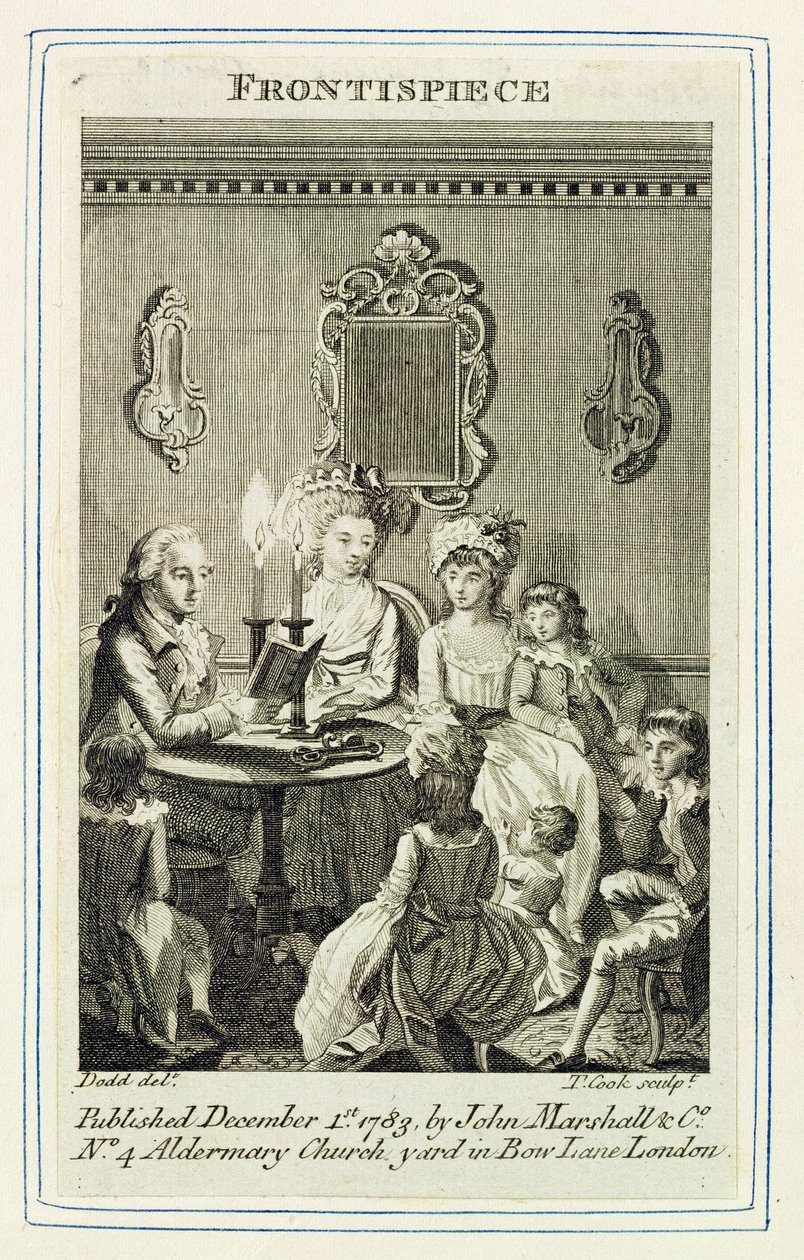 Ojciec czytający rodzinie przy świecach, rycina Thomasa Cooka (1744-1818), frontispis do książki wydanej przez John Marshall und Co., 1783 autorstwa Daniel Dodd