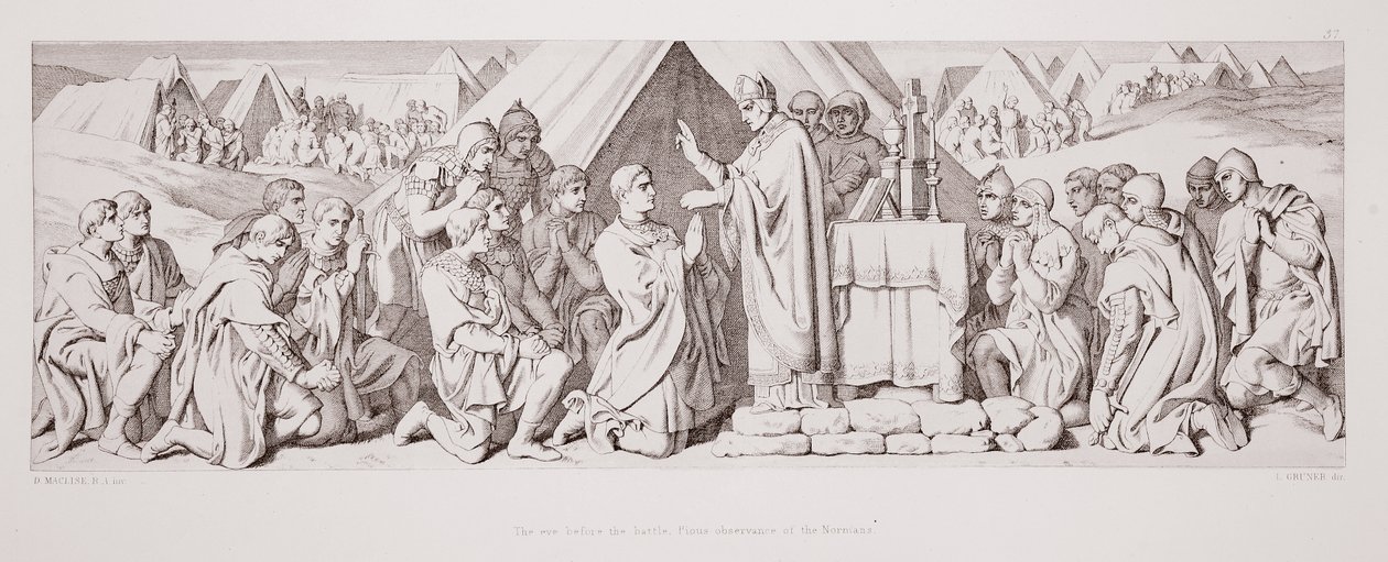Wigilia przed bitwą, pobożne zachowanie Normanów, z "Opowieści o podboju normańskim", ryc. L. Gruner, 1866 r. autorstwa Daniel Maclise
