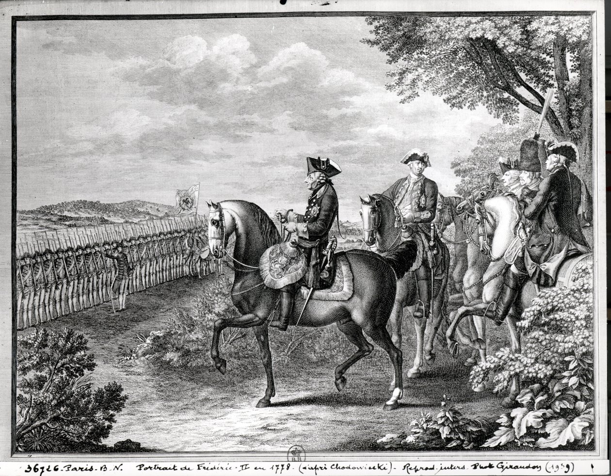 Król pruski Fryderyk II (1712-86) dokonujący przeglądu wojsk w 1778 r. autorstwa Daniel Nikolaus Chodowiecki