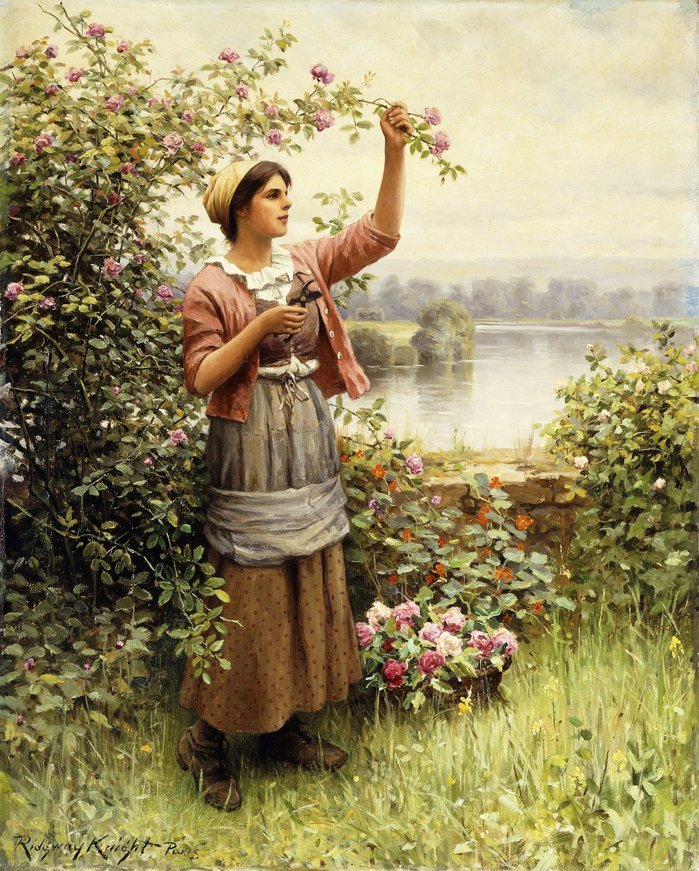 Cięcie róż wzdłuż Sekwany, autorstwa Daniel Ridgway Knight