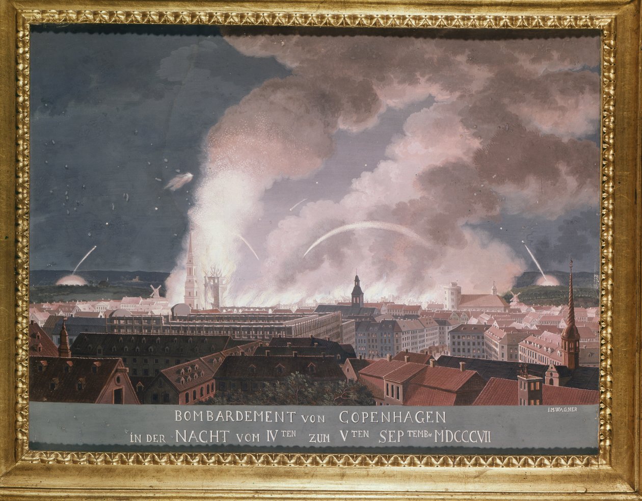 Druga bitwa o Kopenhagę (lub bombardowanie Kopenhagi) 1807 autorstwa Danish School