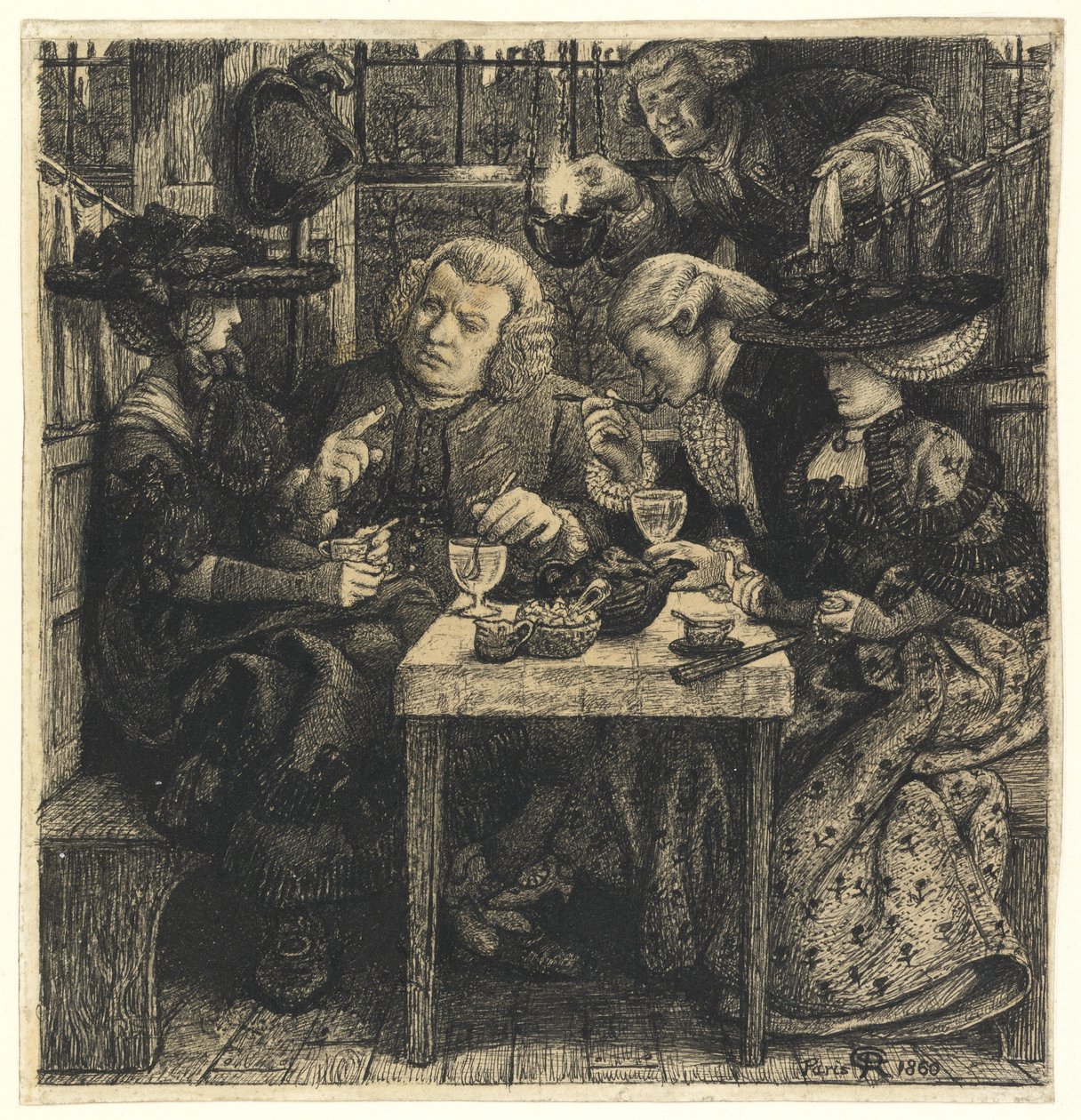 Dr Johnson at the Mitre, 1860 (pióro i czarny tusz na papierze) autorstwa Dante Gabriel Charles Rossetti