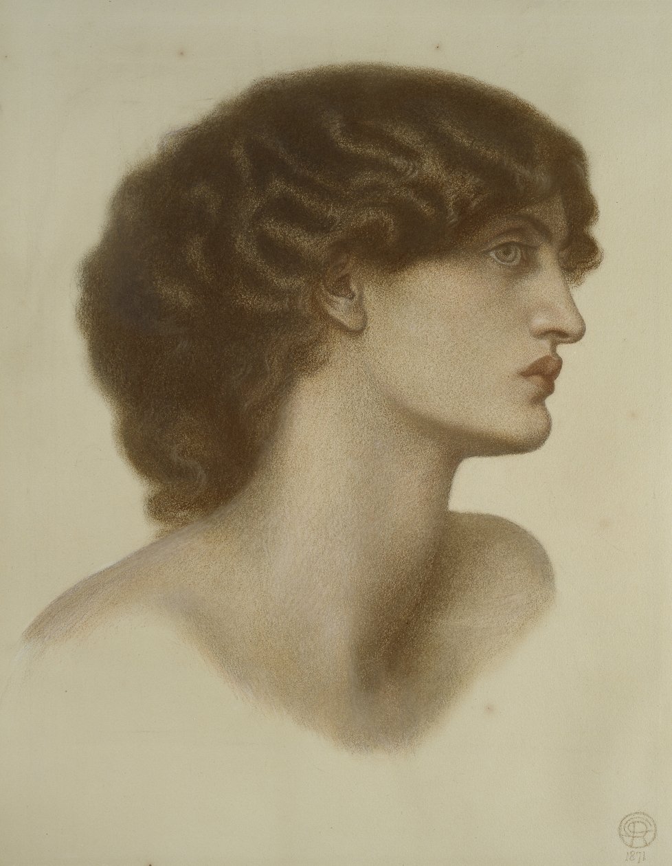 Perlascura, 1871 (czerwone i brązowe kredy podkreślone białą, na jasnozielonym papierze) autorstwa Dante Gabriel Charles Rossetti