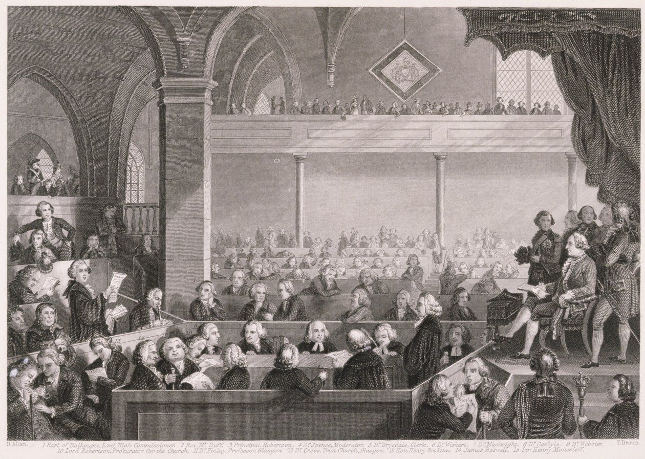 Zgromadzenie Ogólne Kościoła Szkocji w 1783 r., rycina T. Brown, z „World Religion”, wydanej przez A. Fullarton und Co. autorstwa David Allan
