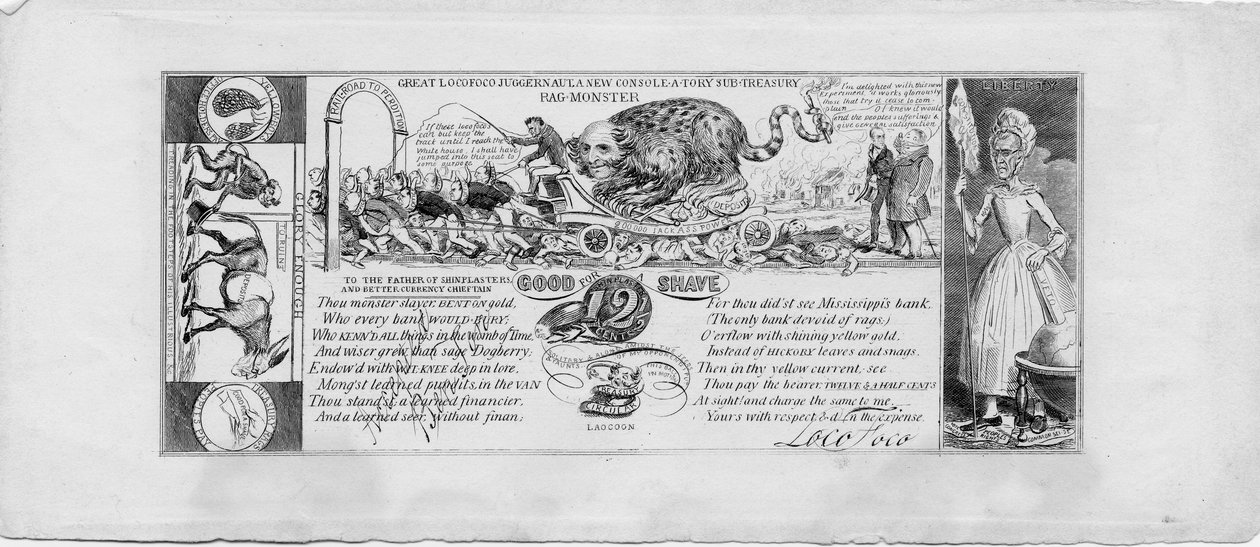 Wielki szarpidrut locofoco: nowy konsolowo-torowy podskarbowy szmaciarz, ok. 1837 r. (miedzioryt) autorstwa David Claypoole Johnston